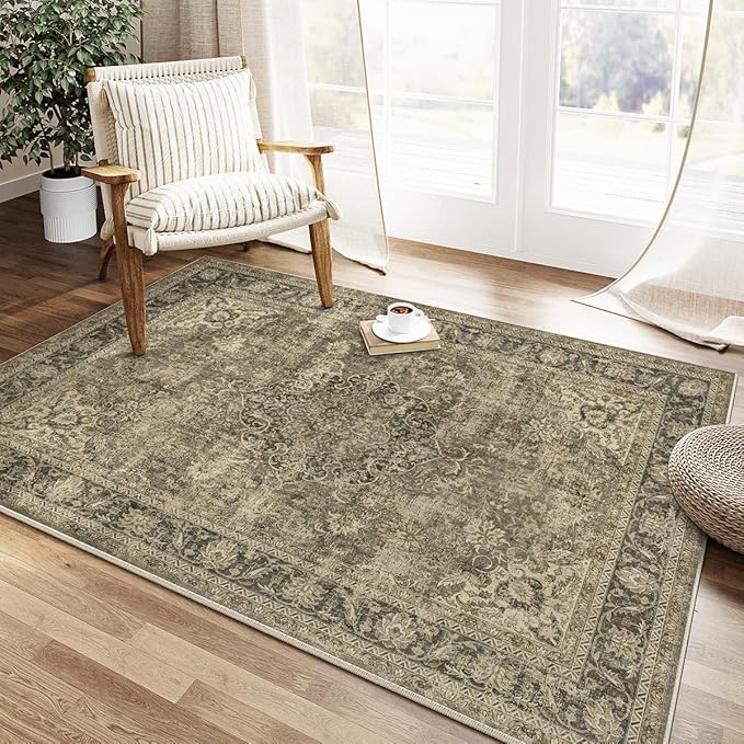 4x6 Washable Area Rug Brown Vintage Non Slip Soft Low Pile Rug for Entryway Kitchen Bathroom Distressed Oriental Throw Carpet for Living Room Bedroom Home Decor