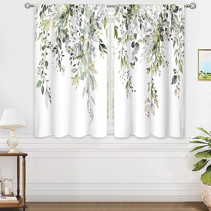 Sage Green Eucalyptus Leaves Window Curtains Flower Watercolor Floral BotanicalPlant Wildflower Farmhouse Curtain Drapes Herb Curtains for Bedroom Living Room Treatment 2 Panels 42Wx45H Inch