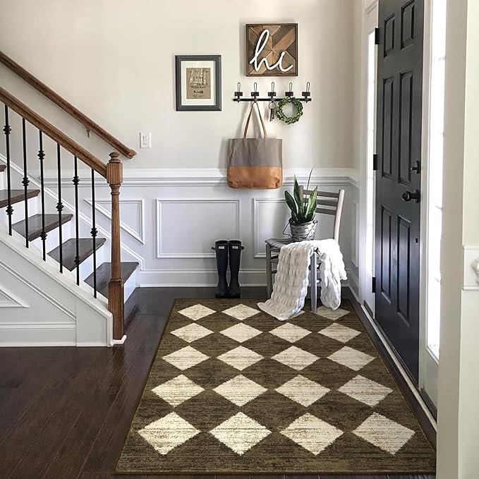 Lahome Zelie Machine Washable 3x5 Area Rug, Soft Rugs for Entryway Non Slip Kitchen Rugs, Moroccan Trellis Non Slip Non Shedding Printed Indoor Front Door Carpet for Bathroom Entrance, Brown