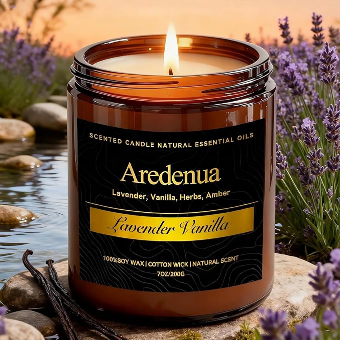 Lavender Vanilla Soy Candle for Relaxation & Sleep, Calming Scented Candle for Stress Relief, Bedroom & Self Care Gift - 7oz Hand Poured Candles Long Lasting Scent for Home, Bedroom, Spa
