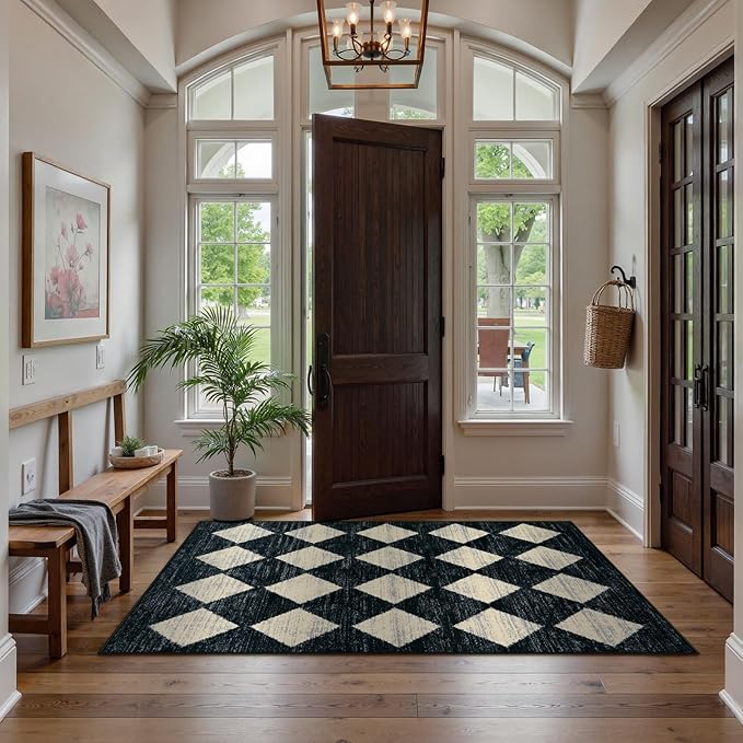 Lahome Zelie Moroccan Trellis Area Rug - 3x5 Washable Black Entry Rug Non Slip Living Room Mat, Distressed Lattice Soft Stain Resistance Indoor Throw Carpet for Front Door Foyer Bedroom Bathroom