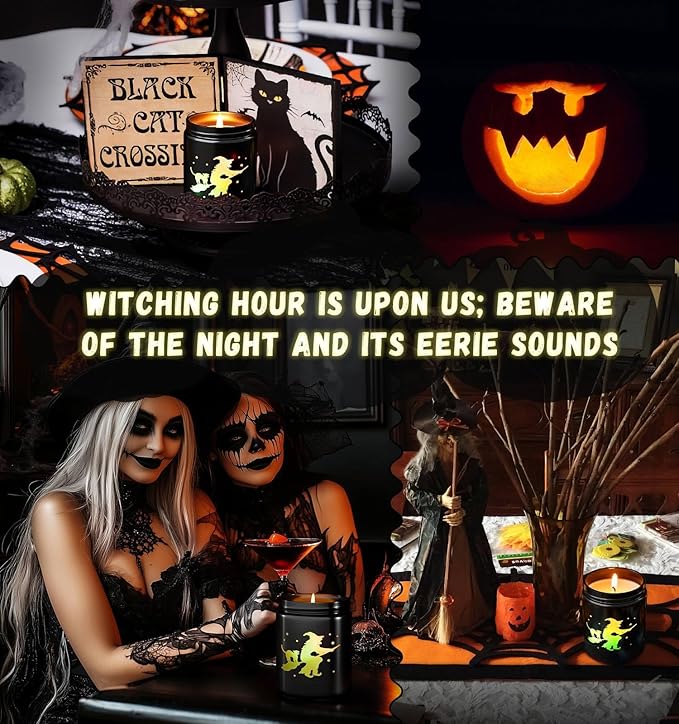 Halloween Decor Indoor-Halloween Gifts Candles for Women with LED Witch, Fall Candles with Apple Cinnamon Scent Over 40 Hours of Burn Time, Gift for Home Fall Decorations Indoor, 100% Soy Wax