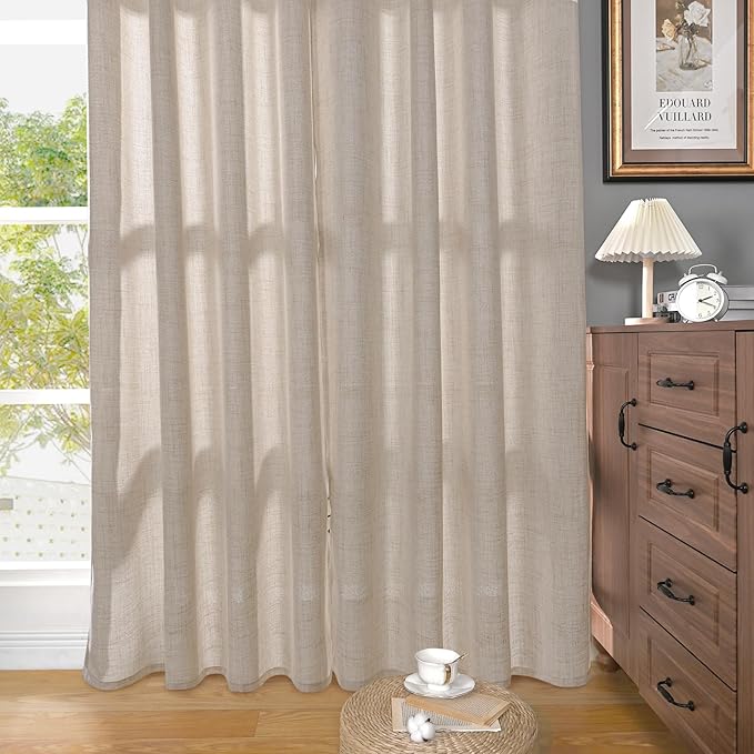 YoungsTex Extre Long Linen Curtains 102 Inch Long for Living Room Linen Textured with Bronze Grommet Burlap Drapes Light Filtering, Natural, 2 Panel, 52 X 102 Inch