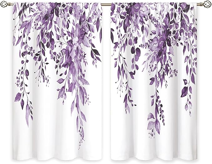 Eucalyptus Botanical Leaves Purple Floral Kitchen Window Curtains Over Sink Farmhouse Flower Leaf Small Window Treatment Cafe Short Curtains for Bathroom Treatment Tier Drapes 26x24 inch