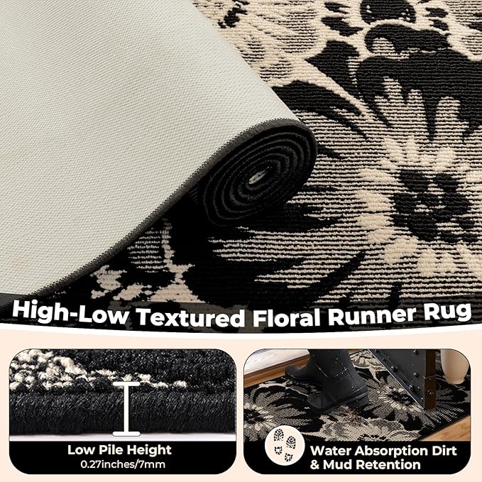Findosom Hallway Runner Rug 2x8, Non Slip High-Low Textured Floral Washable Runner Rug with Rubber Backing, Boho Carpet Runner for Kitchen, Entryway, Bedroom, Laundry, Black & Beige