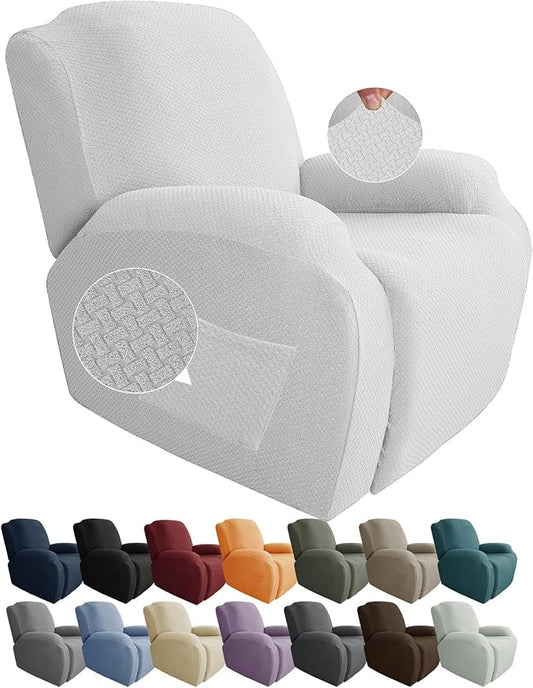 JIVINER 4 Pieces Recliner Chair Covers Stretch Jacquard Covers for Reclining Chair Recliner Slipcovers for Living Room Soft Recliner Protector with Pocket (Recliner, Off White)