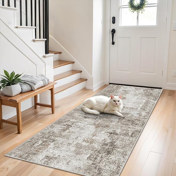 3x8 Washable Non-Slip Runner Rug – Modern Abstract Neutral Wide Carpet Runner for Kitchen, Hallway, Entryway, Bathroom, Bedroom – Low-Pile Thin Floor Mat with Rubber Backing (Beige Grey)