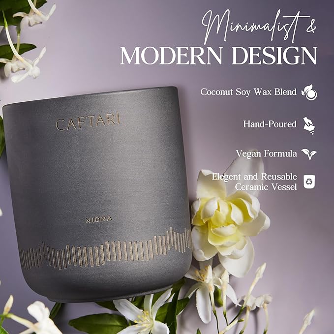 CAFTARI Luxury Aromatherapy Candle | Jasmine, Tuberose & Neroli Scented | 60 Hour Burn | Clean Coconut Soy Wax | Vegan, Gift-Ready Candle for Sleep & Home Spa Feel | Nidra