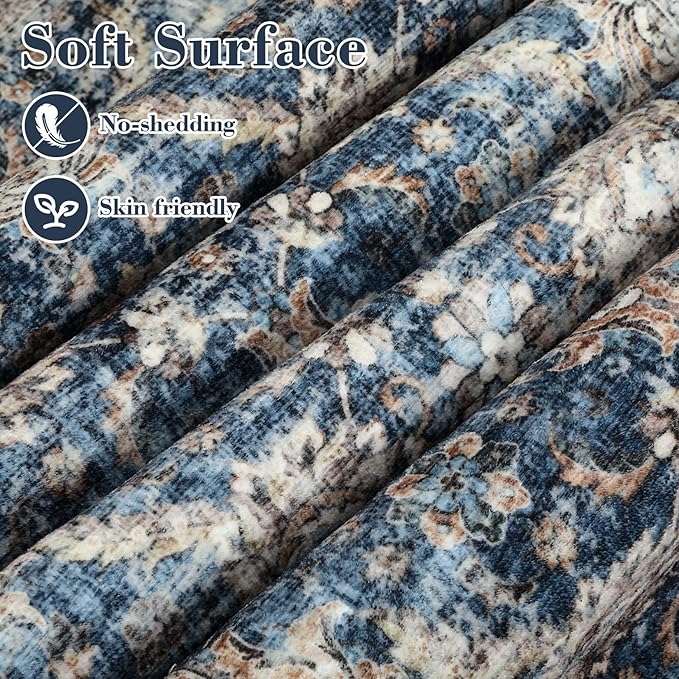 GarveeHome Vintage Rug 5x7 Floral Print Area Rug for Living Room Washable Non Slip Farmhouse Distressed Indoor Carpet Foldable Low Pile Soft Accent Throw Rug for Bedroom Home Nursery, Blue