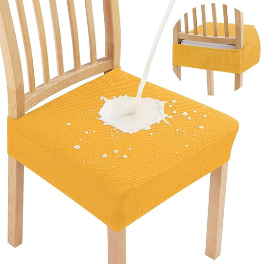 Smiry Waterproof Seat Covers for Dining Room Chairs Set of 2, Stretch Jacquard Removable Washable Chair Seat Slipcovers Protector, No Rear Covers, Mustard Yellow