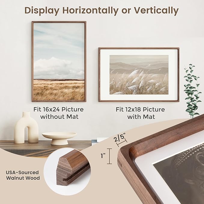 16x24 Poster Frame, USA-Sourced Walnut Wood Picture Frame with HD Tempered Glass, Handcrafted Rounded Corner 16 x 24 Wooden Frame Matted to 12x18 Photos, Horizontal or Vertical Wall Display