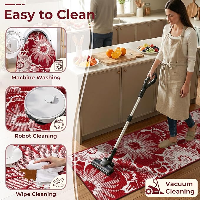 Findosom Christmas Runner Rug 2x6, Non Slip High-Low Textured Floral Washable Runner Rug with Rubber Backing, Boho Carpet Runners for Hallway, Kitchen, Entryway, Bedroom, Laundry & Holiday Decor, Red