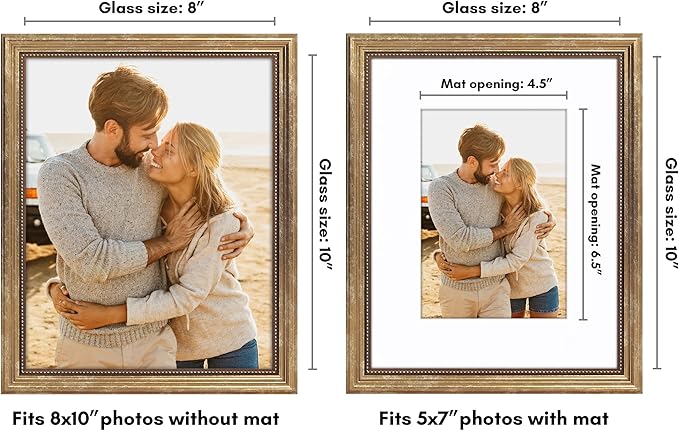 Americanflat Vintage Frames - 8x10 Picture Frame with Beaded Accents and Shatter-Resistant Glass - Use as 5x7 Frame or Display 8x10 Photos Without Mat - Heirloom Collection - Tabletop or Wall - Gold