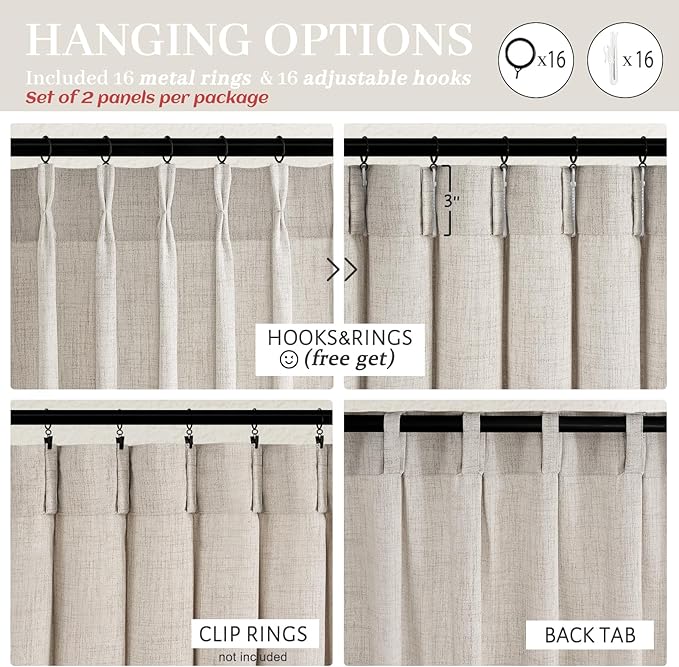 Pleated Greyish Brown Light Filtering 102 Inch Long Curtains 2 Panels Set for Sliding Glass Door, Country Pleat Flax Linen Semi Sheer Window Drapes Bedroom Privacy Viral Curtain 102 Inches Length Burg