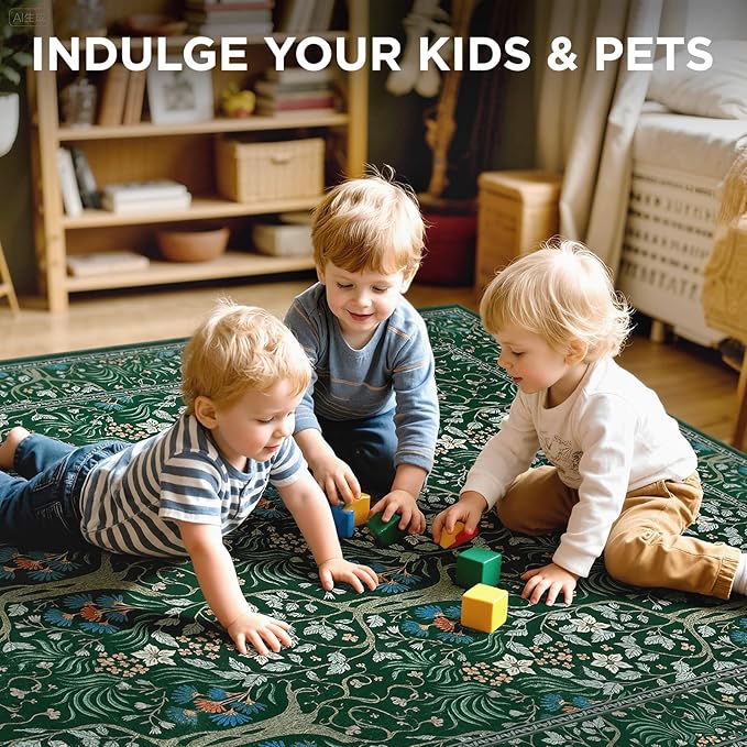 Joydeco Washable Rugs 5x7, Boho Dark Green Floral Bedroom Rug Non Slip, Soft Low-Pile Botanical Forest Indoor Floor Throw Carpet for Dining Table Living Room Playroom Dorm Home Office