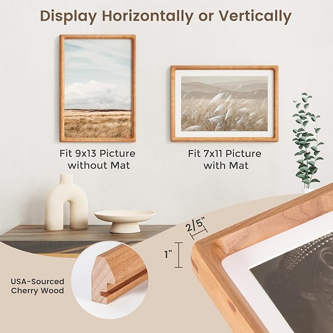 9x13 Picture Frame, USA-Sourced Cherry Wood Photo Frames with HD Tempered Glass, Handcrafted Rounded Corner 9 x 13 Wooden Frame Matted to 7x11 Photos, 9x13 Frames, Tabletop or Wall Display
