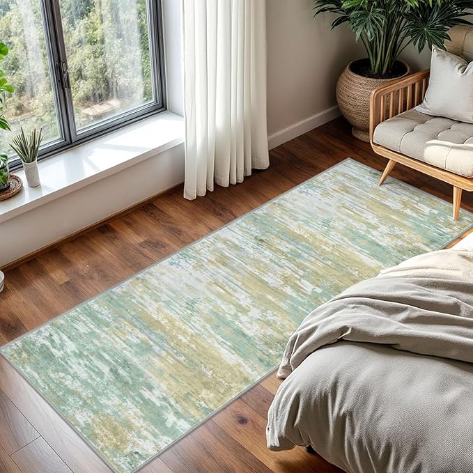 KOZYFLY Kitchen Runner Rug for Hallway Non-Slip Modern Abstract Runner Rug 2x5 Light Green Yellow, Washable Carpet Runner Laundry Room Mat with Soft Low Pile for Entryway Bathroom Bedroom Kitchen