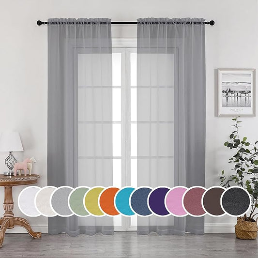 OWENIE Sheer Curtains 96 Inch Length, Elegant Sheer Curtains for Bedroom, Window Voile Sheer Curtain Panels/Drapes/Treatment for Living Room, 2Pcs, Each 42" W x 96" L, Charcoal Gray