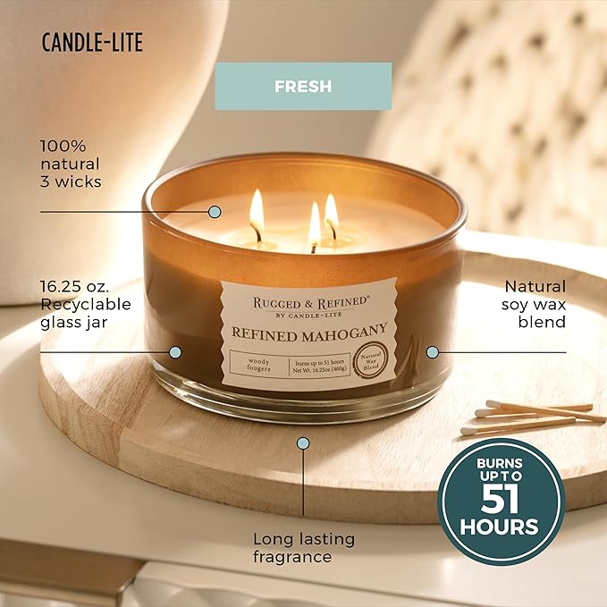 Candle-Lite Scented Candles for Men, Refined Mahogany Fragrance, 16.25 oz Jar, 3-Wick, 51 Hours of Burn Time, Masculine Aromatherapy with Long Lasting Scent, Ideal Gift for Father's Day and Home Decor