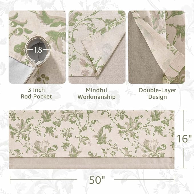 jinchan Linen Valance Curtain Farmhouse Window Decor Floral Print for Kitchen Living Room Double Layer Blackout Valance 16 Inches Rustic Window Treatment 1 Panel Rod Pocket Green on Beige