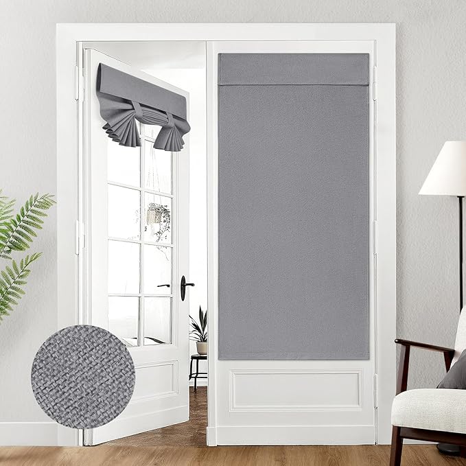HOMEIDEAS 100% Dark Grey Linen Blackout French Door Curtains, Privacy Door Window Curtains, 34 X 68 Inch Room Darkening Blinds, Thermal Insulated Shades for Bedroom, 1 Panel
