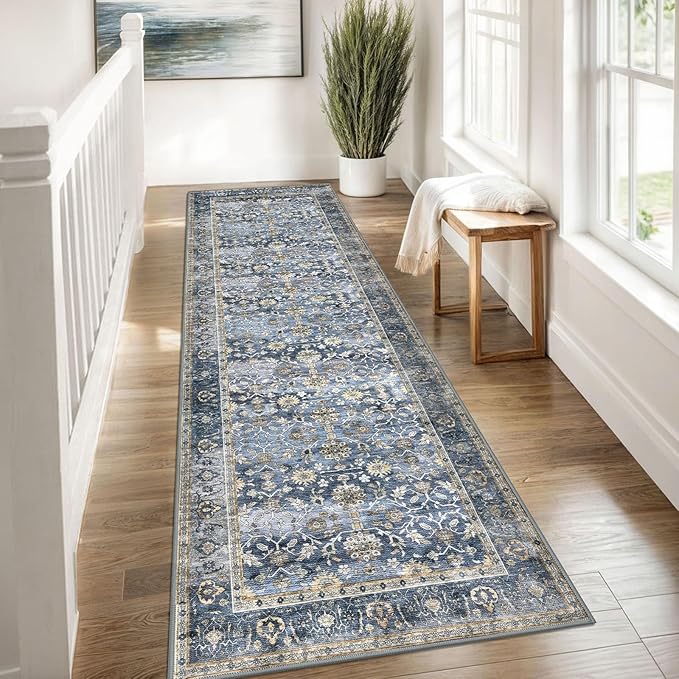 KUTA Vintage Washable Runner Rug, 2.6x8 Blue Grey Beige Runners for Hallways Non-Slip Kitchen Rugs Ultra Thin Soft Printed Distressed Oriental Floor Carpet for Laundry Bedroom Living Room Nursery