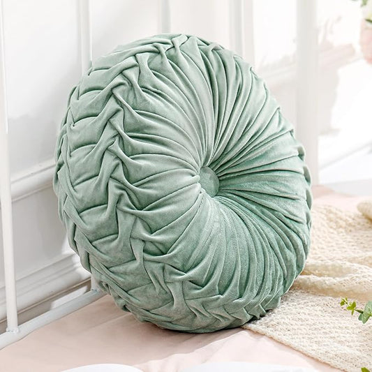 Drydiet 1 Pcs Round Throw Velvet Pillows Decorative Pleated Throw Pillows 15'' Diameter Accent Pumpkin Boho Chair Cushion for Couch Sofa Home Decoration (Sage Green)