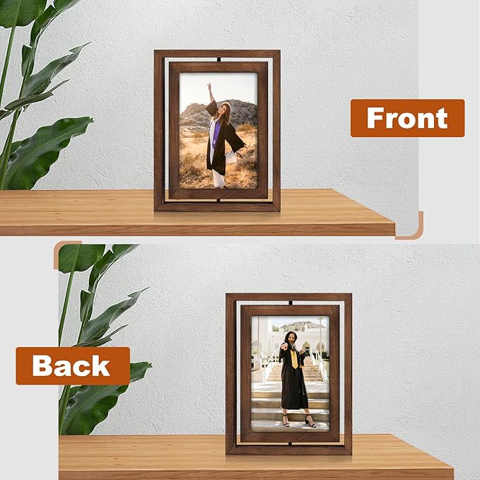 Egofine 2 Pack 5x7 Rotating Floating Picture Frames,Double-Sided Display with HD Glass Front Wooden Distressed Frame for Vertical or Horizontal Tabletop Display, Carbonization