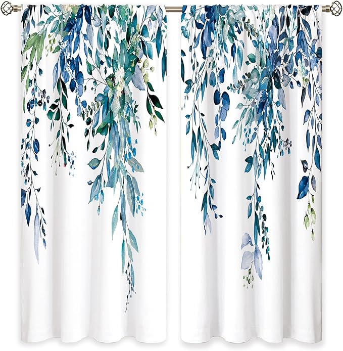 Teal Eucalyptus Botanical Leaves Floral Window Curtains Blue Watercolor Turquoise Flower Plant Wildflower Farmhouse Curtain Drapes Herb Curtains for Bedroom Living Room Treatment 52Wx84H Inch
