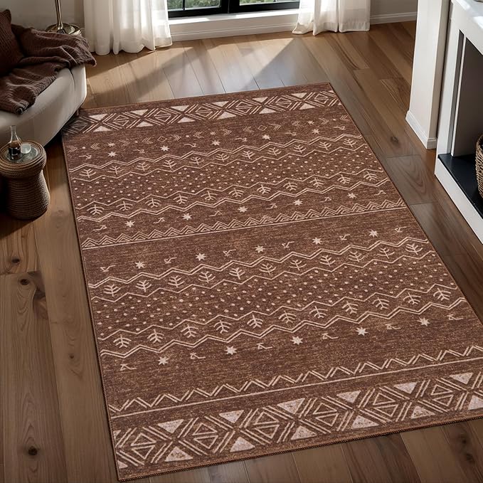 SERISSA 3x5 Area Rugs for Living Room, Washable Non-Slip Coffee Brown Small Boho Rug, Soft Low-Pile Geometric Indoor Throw Carpet for Bedroom Kitchen Dining Room Office