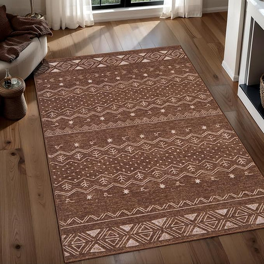 SERISSA 3x5 Area Rugs for Living Room, Washable Non-Slip Coffee Brown Small Boho Rug, Soft Low-Pile Geometric Indoor Throw Carpet for Bedroom Kitchen Dining Room Office