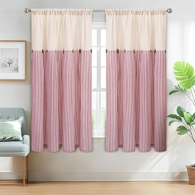 ASPMIZ Farmhouse Living Room Curtains Boho, Country Linen Curtains with Rustic Buttons, Rod Pocket & Back Tab Red Striped Curtain for Bedroom Window Curtain, Home Decor, 52 x 63 Inch, 2 Panels