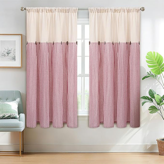 ASPMIZ Farmhouse Living Room Curtains Boho, Country Linen Curtains with Rustic Buttons, Rod Pocket & Back Tab Red Striped Curtain for Bedroom Window Curtain, Home Decor, 52 x 63 Inch, 2 Panels