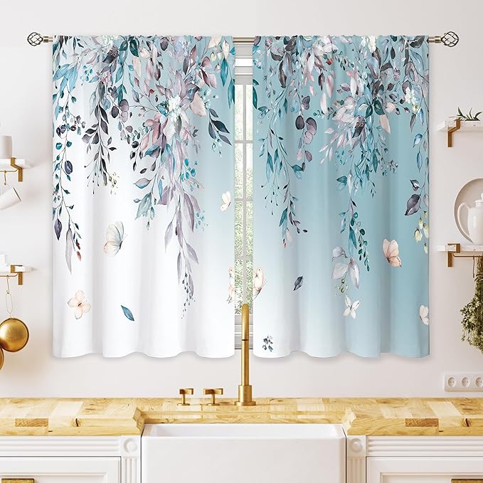 Eucalyptus Botanical Leaves Floral Kitchen Window Curtains Butterfly Farmhouse Flower Leaf Small Window Treatment Blue Grey Cafe Short Curtains for Bathroom Treatment Tier Drapes 27.9x39 inch