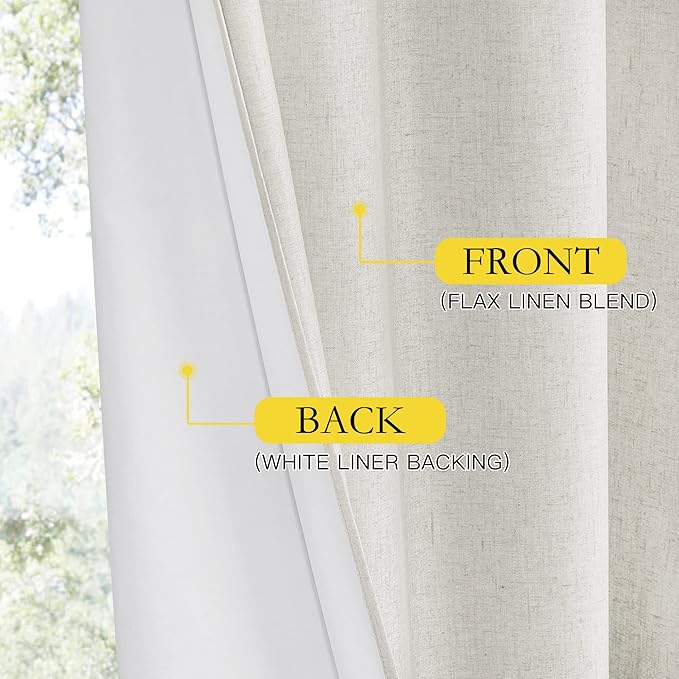 NICETOWN Linen Blackout Curtains for Kitchen, Ivory, 2 Panels, 34" Wide x 60" Long, Short Kitchen Burlap Linen 100% Blackout Drape Panels for Night Shift, Great Job for Blocking Light
