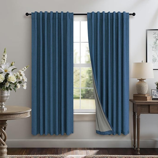 Navy Blue Linen Textured Blackout Curtains 72 Inches Long for Bedroom Nursery Room Darkening Thermal Insulating Window Black Out Nautical Curtains for Living Room Door Back Tab 72 Length 2 Panels Set