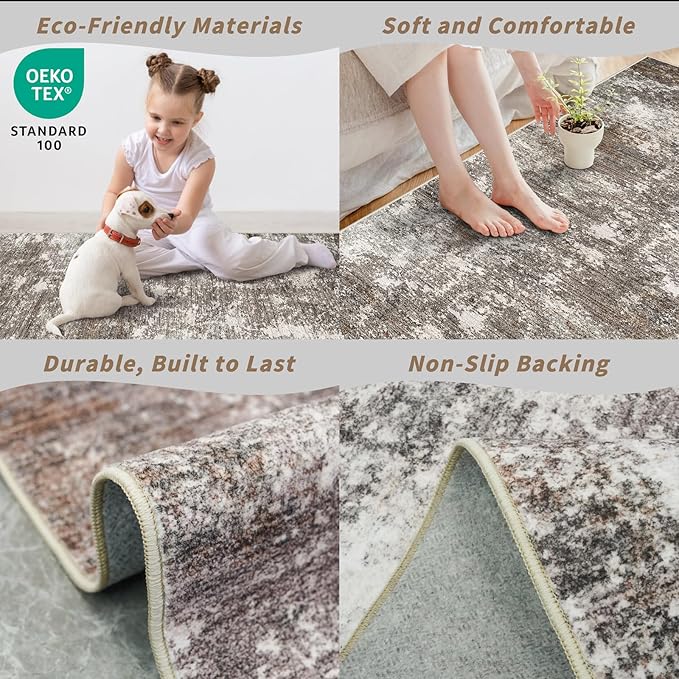 2x4 Washable Non-Slip Runner Rug – Small Throw Rug for Kitchen Floor, Bedroom, Entryway, Bathroom, Bedside – Modern Abstract Neutral Low-Pile Thin Indoor Door Mat (Brown Beige,2x4)