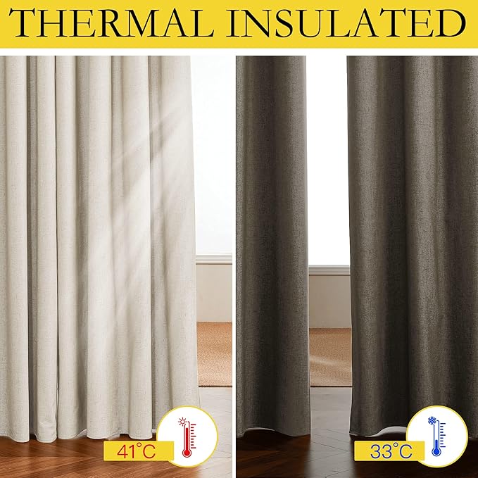NICETOWN Linen Blackout Curtains for Kitchen, Beige, 2 Panels, 34" Wide x 60" Long, Short Kitchen Burlap Linen 100% Blackout Drape Panels for Night Shift, Great Job for Blocking Light