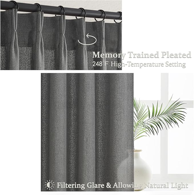Dark Grey Pleat Semi Sheer Curtains 96 Inches Long for Bedroom, Memory Trained Pinch Pleated Linen Textured Light Filtering Modern Curtain 96 Inch Length 2 Panels Set Viral Window Drapes 8FT Length