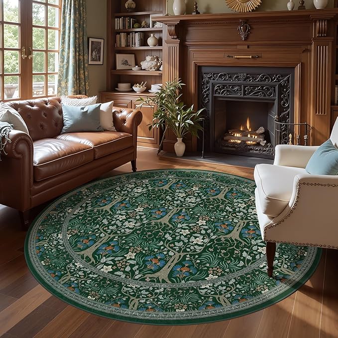 Joydeco Washable Round Area Rug for Living Room, Soft Round Rugs 6ft Non Slip with Rubber Backing, Vintage Large Circle Carpet for Bedroom Kitchen Nursery, Dark Green Floral Décor