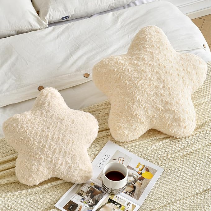 Star Pillow, 19.7" Star Shaped Plush Pillow for Couch Bed Sofa, Cute Decorative Throw Pillows with Soft Faux Fur Room Decor for Bedroom Living Room (Beige)