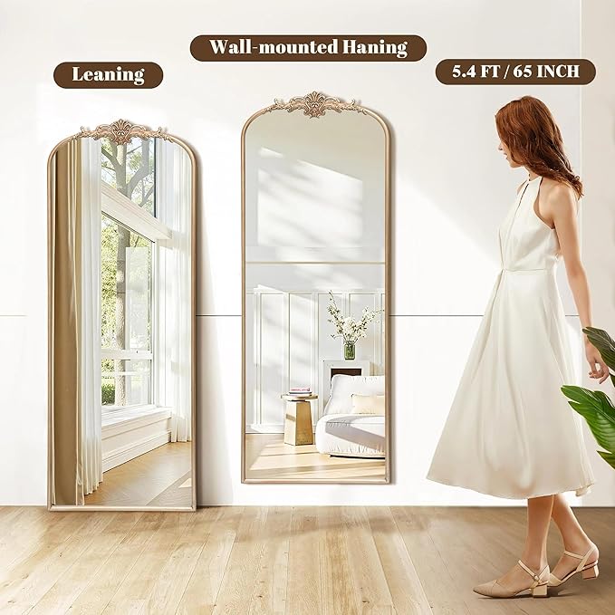 Besdomus Arched Mirror Full Length: 21"x56" French Champagne Gold Vintage Full Body Mirror - Floor Antique Baroque Traditional Ornate for Entryway/Cloakroom/Bedroom - Home Decor for Fashion-Conscious