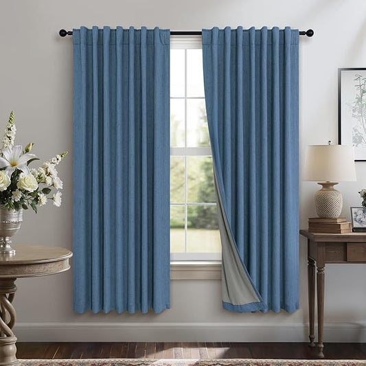Denim Blue Living Room Darkening Curtains 72 Inches Long 2 Panels Set Faux Linen Cute Black Out Window Drapes for Bedroom Insulated Thermal Curtain for Summer Heat Winter Breakfast Nook 52x72 Length