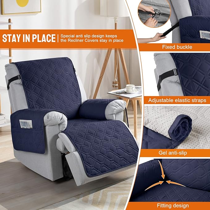 VANSOFY 100% Waterproof Recliner Chair Covers, Recliner Cover Non-Slip Dog Chair Cover Furniture Protector Washable Slipcover with Pocket, Elastic Straps for Pets, Dogs(Dark Blue, 28")