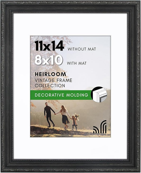 Americanflat 11x14 Picture Frame with Shatter-Resistant Glass - Use as 8x10 Frame with Mat or Display 11x14 Photo Without Mat - Ornate Picture Frames for Wall Display - Black