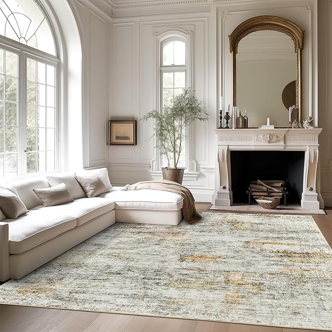 Soalmost 9x12 Area Rugs for Living Room, Non Slip Machine Washable Vintage Rugs, Low Pile Lightweight Large Rug for Bedroom, Dining Room, Home Office Gray Rust