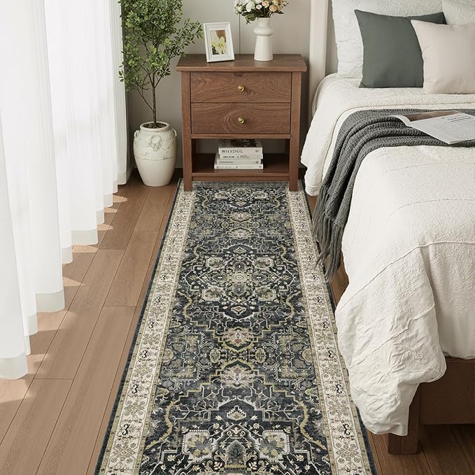 2x6 Washable Kitchen Runner Rug, Non Slip Vintage Runner Rugs for Hallway, Ultra-Thin Low Pile Distressed Kitchen Rugs Non Skid, Machine Washable Laundry Entryway Indoor Carpet,Black