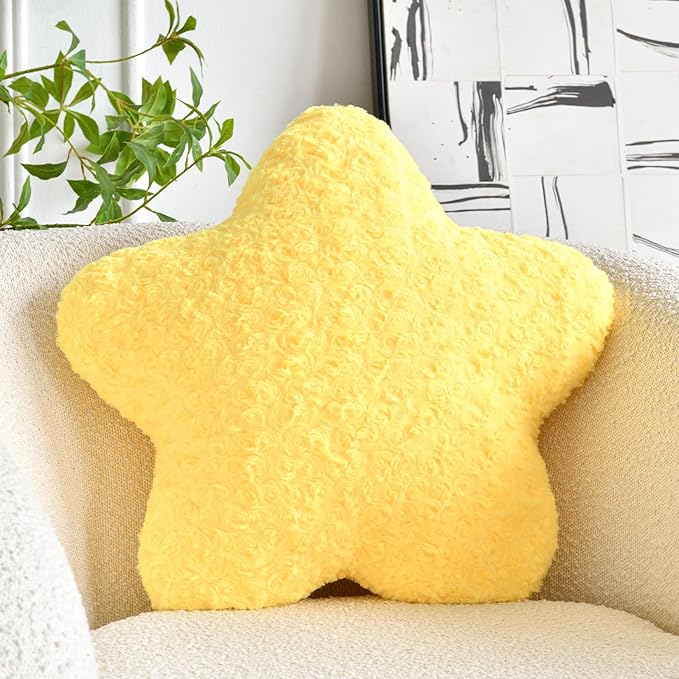 Star Pillow, 14.9" Star Shaped Plush Pillow for Couch Bed Sofa, Cute Decorative Throw Pillows with Soft Faux Fur Room Decor for Bedroom Living Room (Yellow)