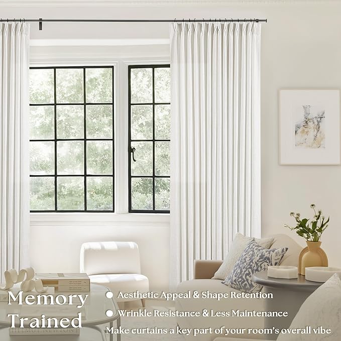 Pinch Pleated Linen Curtains 94 Inches Long for Living Room Bedroom Light Filtering Boho Window Drape 94 inch 2 Panels with Hooks Rings Cream Beige White Sliding Glass Door Semi Sheer Curtain