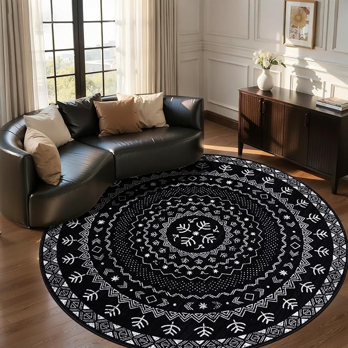 SERISSA Round Area Rug, 5ft Washable Non-Slip Black and White Boho Circle Rug, Soft Low-Pile Geometric Indoor Circular Carpet for Bedroom Entryway Living Room Dining Room